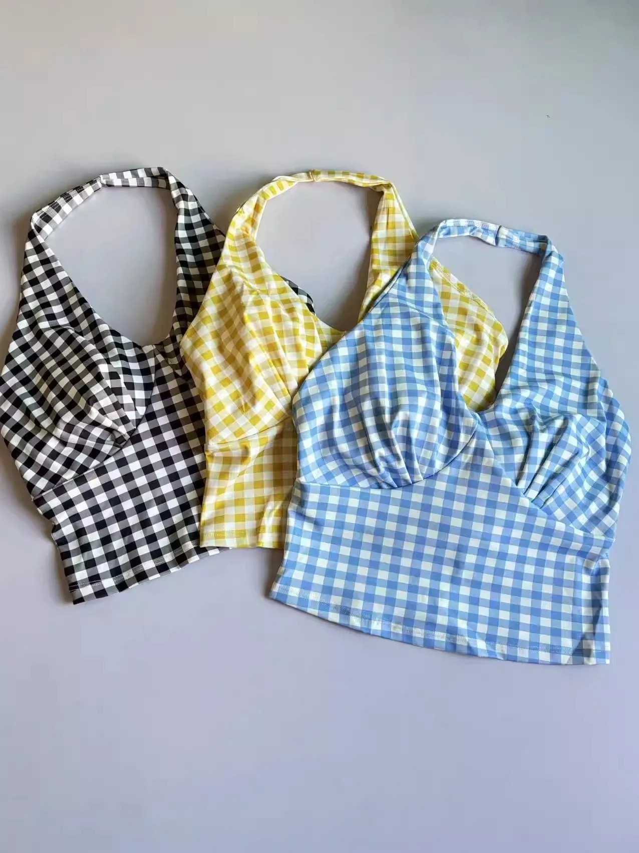 Gym Quick Dry Plaid V-neck Plaid Printed Halter Neck Yoga Vest Slim Fitness Outer Wear Suspender Running Fitness Sports Bra