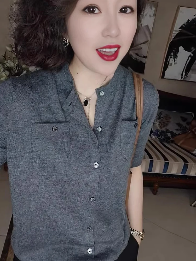 Cárdigan Abierto de Punto de Color Puro Estilo Coreano, Moda de Verano, Informal, Manga Corta, Bolsillo, Diseño de un Solo Bo...