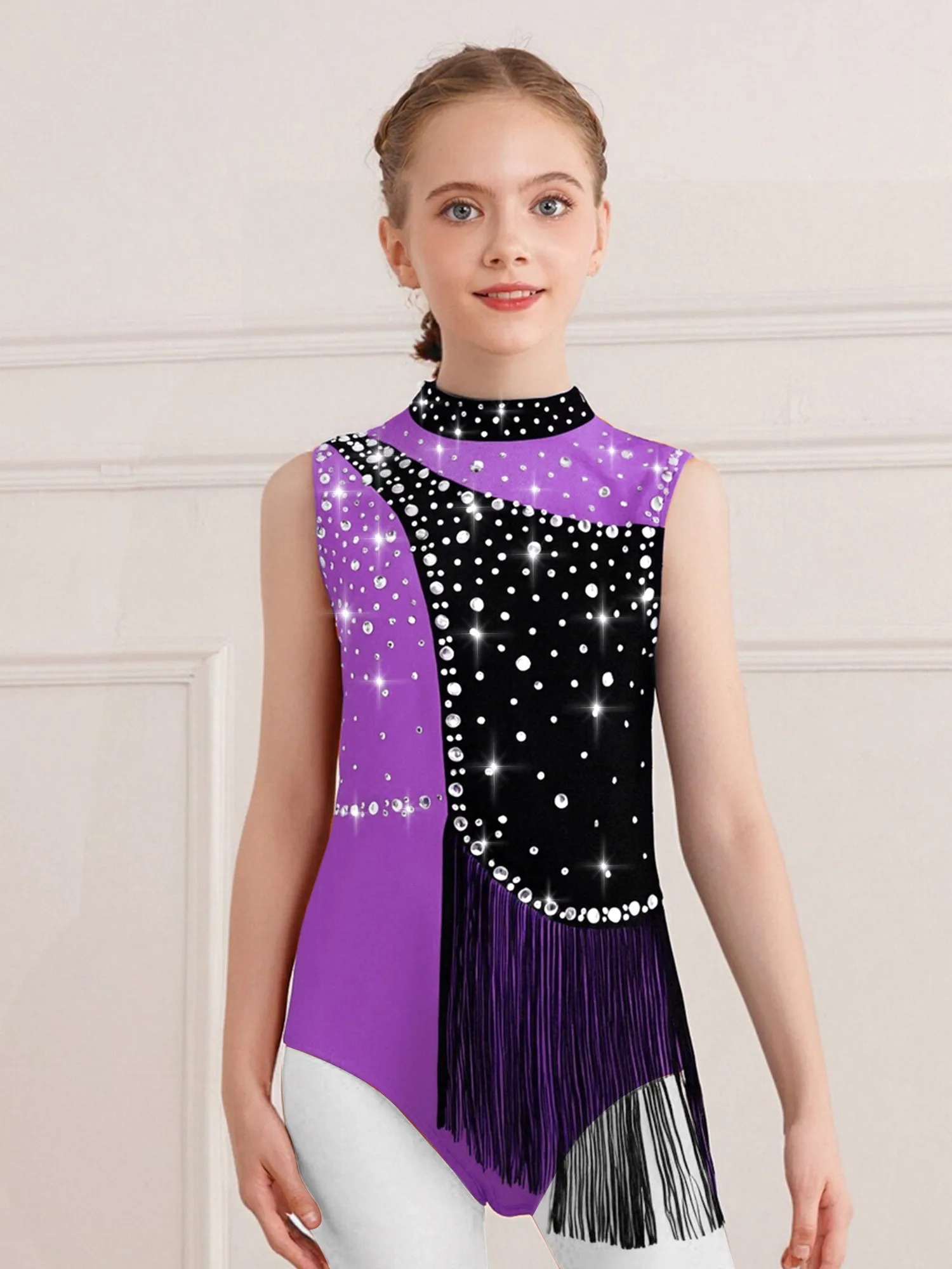 Body da ginnastica ritmica per bambini Body color block Abbigliamento da ballo Ragazze Strass Tute da pattinaggio di figura Bambini Nappe Body