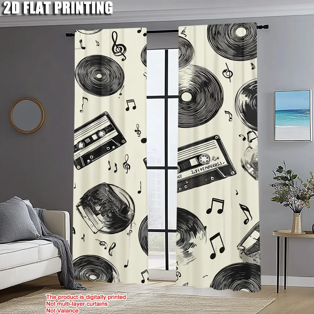 2pcs,2D plane printing Curtains Roller Blinds Nostalgia Music Versatile Fabric (without rod) Festive Use for Bedroom & Various