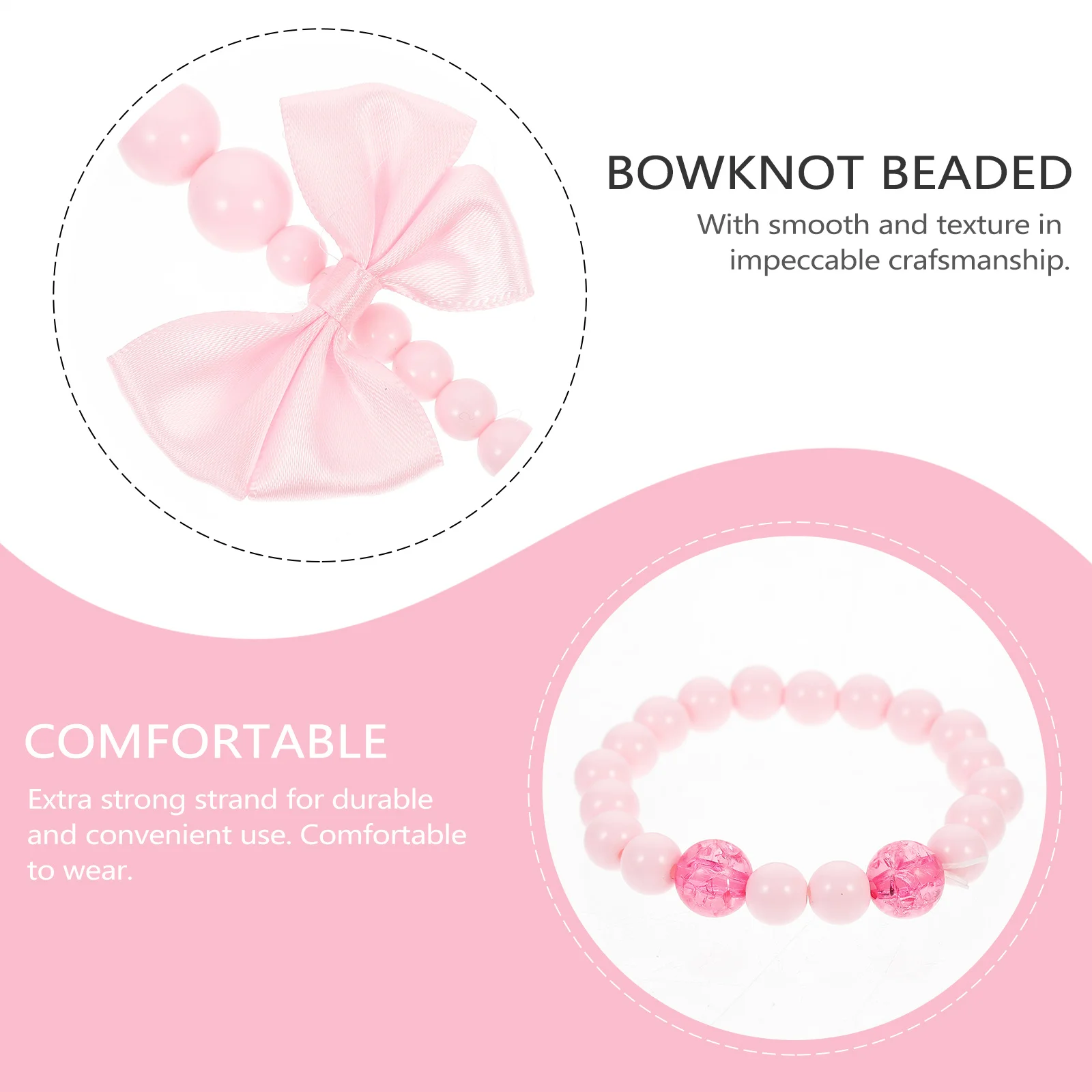 Naszyjnik z kokardką, zdobiony koralikami, różowo-czerwony, gładka tekstura, bezwadne wykonanie, bardzo mocna nitka, wygodna biżuteria dla dzieci.