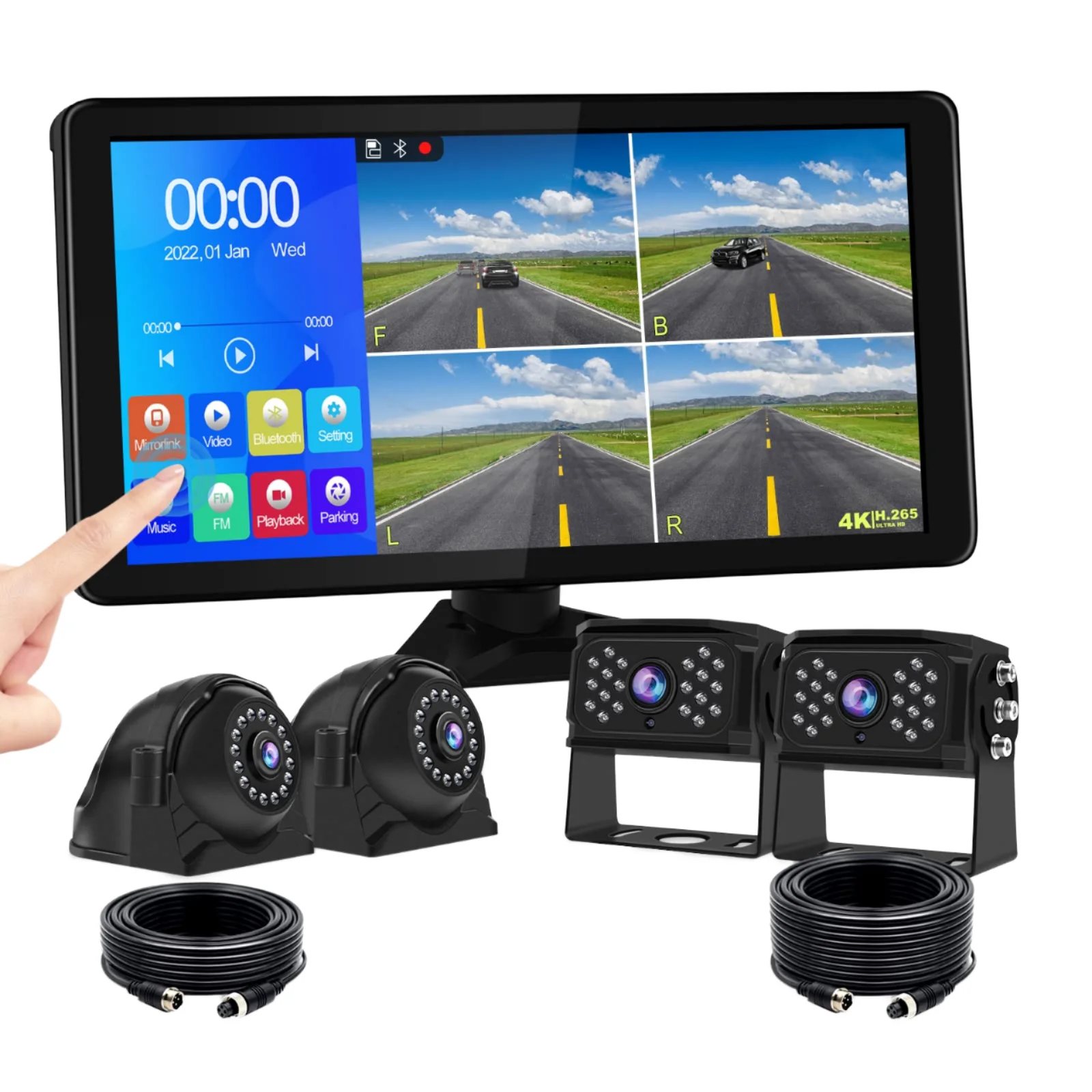 10 Inch 4-Split Screen Dash Cam Monitor Waterproof 1080P Front Rear Truck Trailer Bus RV Camera Wireless Carplay Android Auto