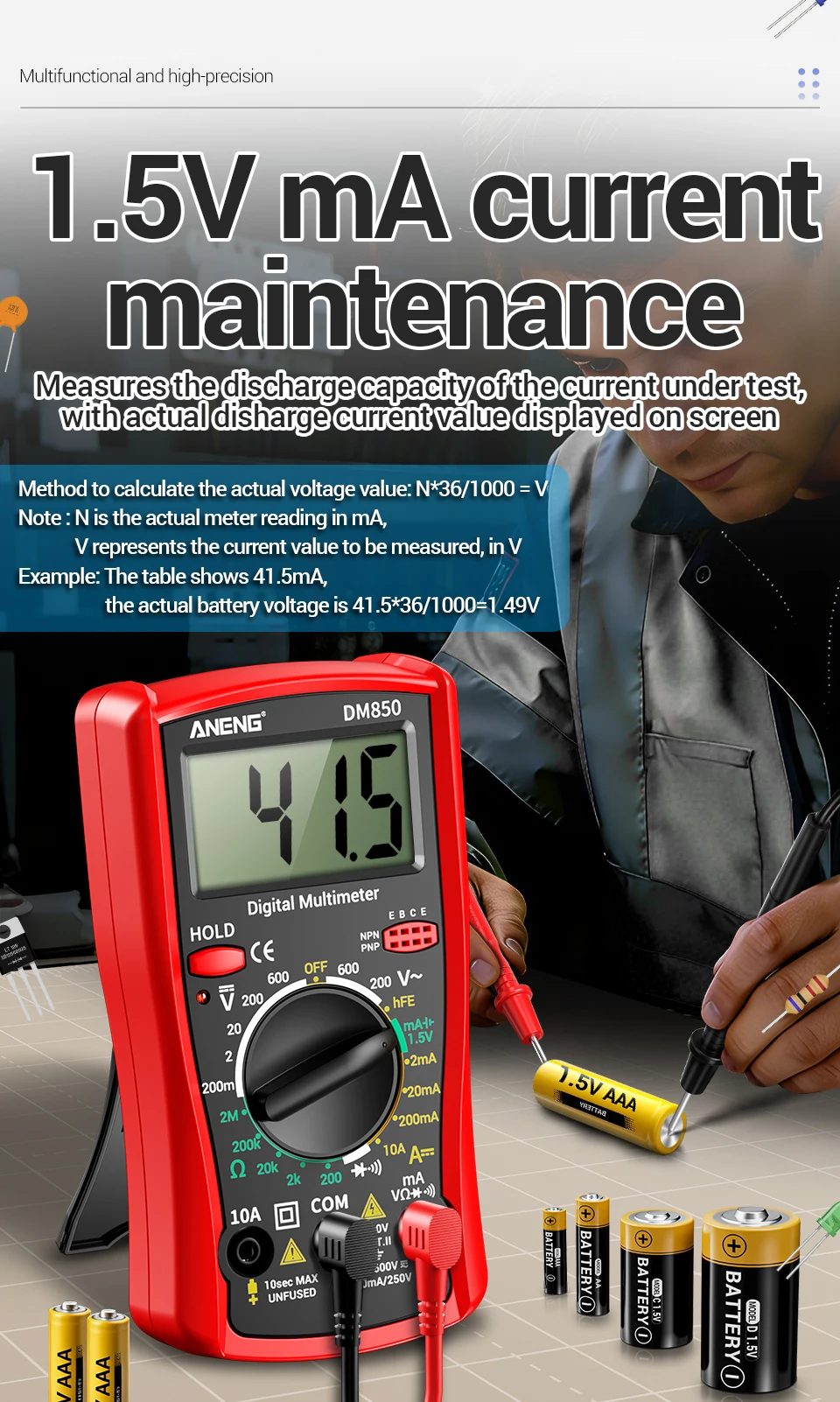 ANENG DM850 Digitalmultimeter mit 1999 Messwerten, Gratis Geschenk BT173 Batterietester, AC/DC-Spannung, Strom, Widerstand, Diodentest, tragbar – Detail 6