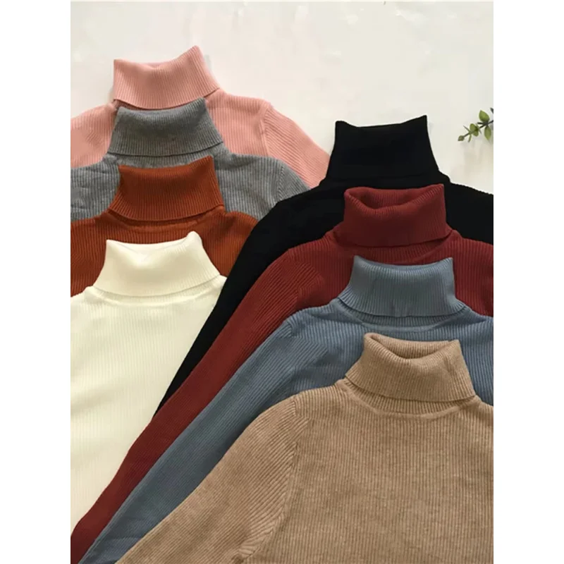 レディース韓国スタイルタートルネックセーター - スリムフィットサーマルニットプルオーバー、秋冬カジュアルジャンパー