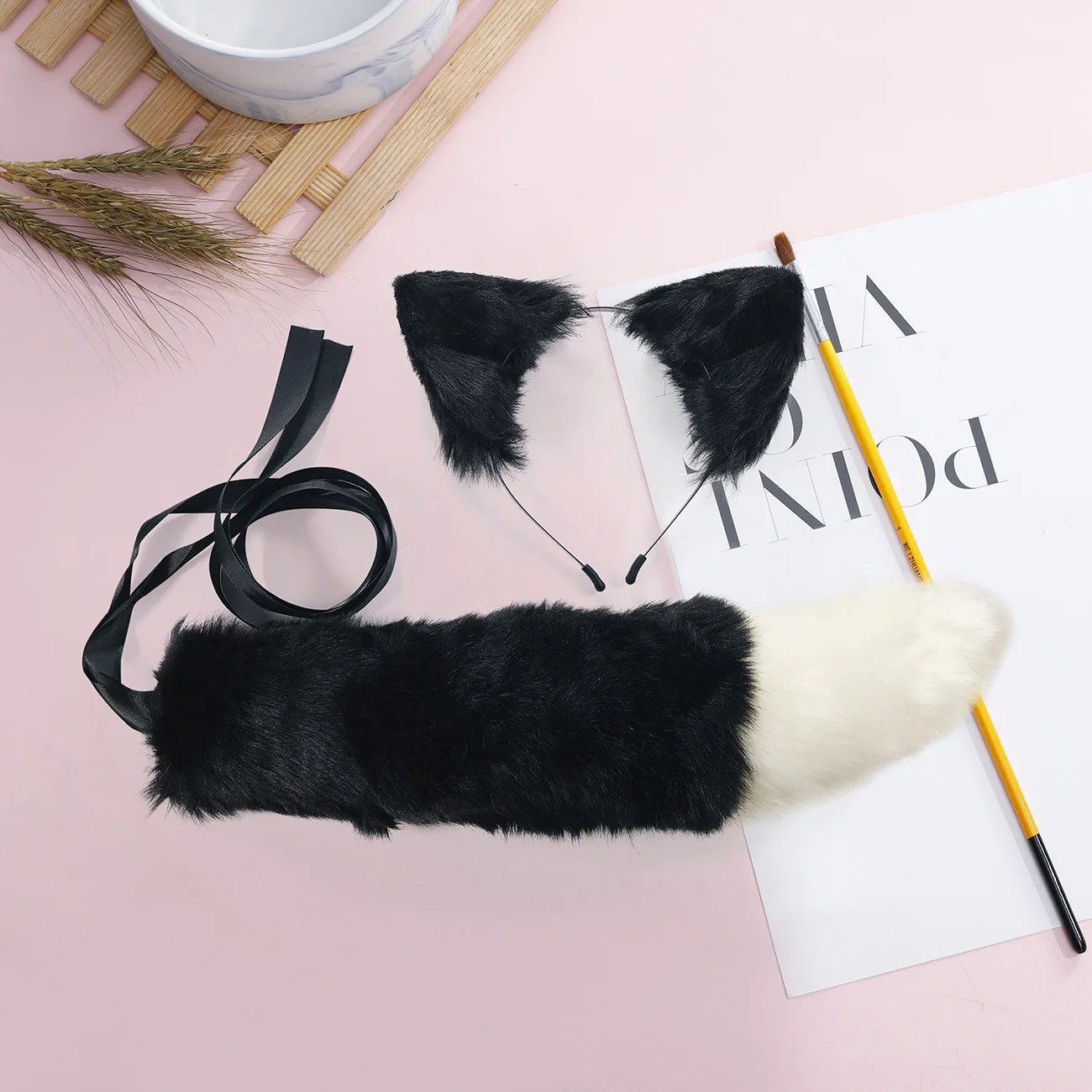 Cute Pink Cosplay Headwear Tail Set Anime Fox Rabbit Fur Headdress Animal Ear Headband Tail Party Props Lolita Accessories Set