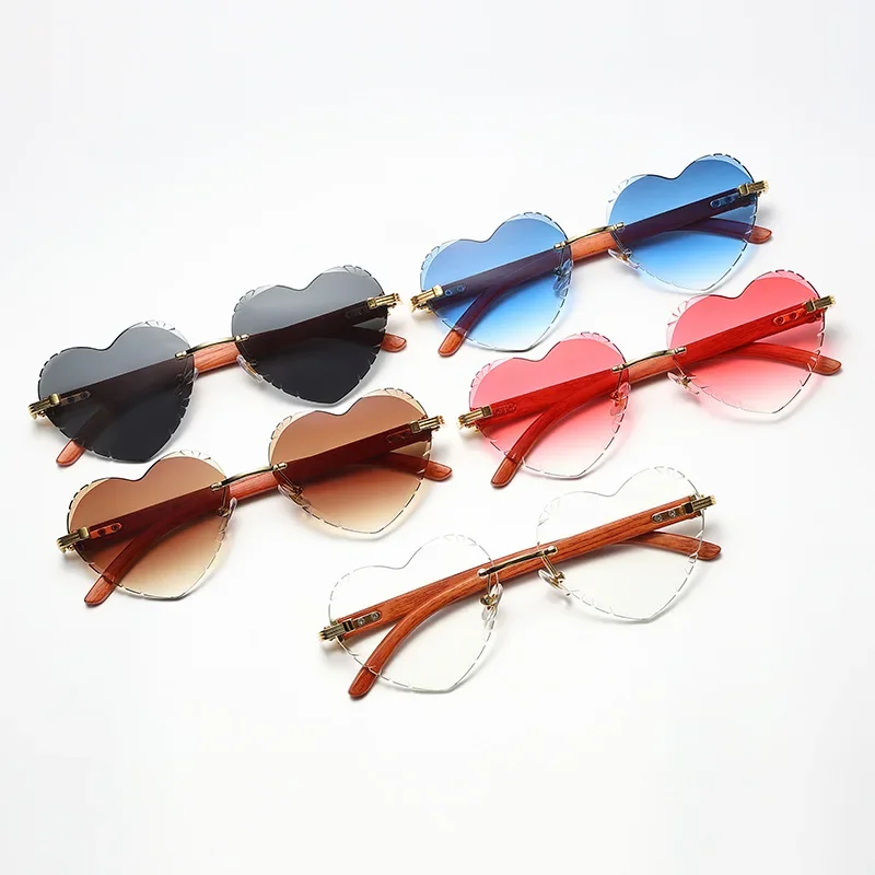 Fashion Women Rimless Heart Shaped Sunglasses Gradient Outdoor Goggles Female Eyewear UV400 Shades Wooden Women Girls Sunglasses