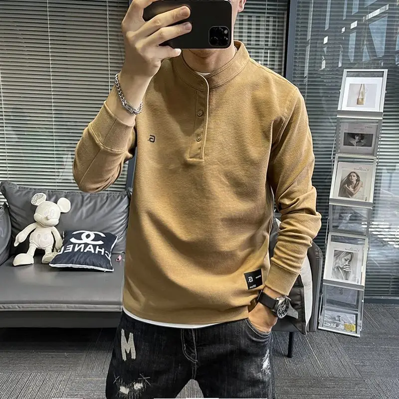 2023 New Spring and Autumn Fashion Simple Embroidery Standing Neck Panel Button Casual Loose Solid Oversize Men's Sweater