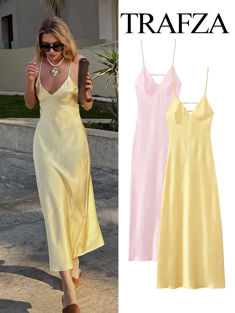 

TRAFZA Women Elegant Sleeveless Backless V-Neck Rear Zipper Sexy Midi Dress Woman Summer Solid Slim Beach Party Sling Dress