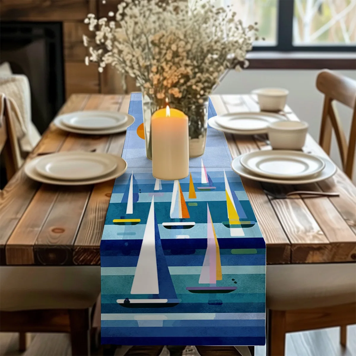 decor table runner Sailing Boats Summer Style Abstract Print Table Flag for wedding,Restaurant,Holiday Gathering New Year,Birthd