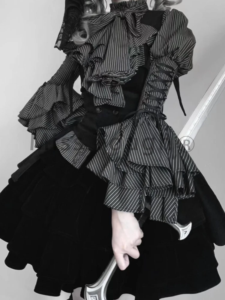 Japanese Gothic Vintage Lolita 3 Piece Set Striped Blouse + Chic Vest + Fluffy Cake Skirt New Fashion Dark Academia JK Suit 2024