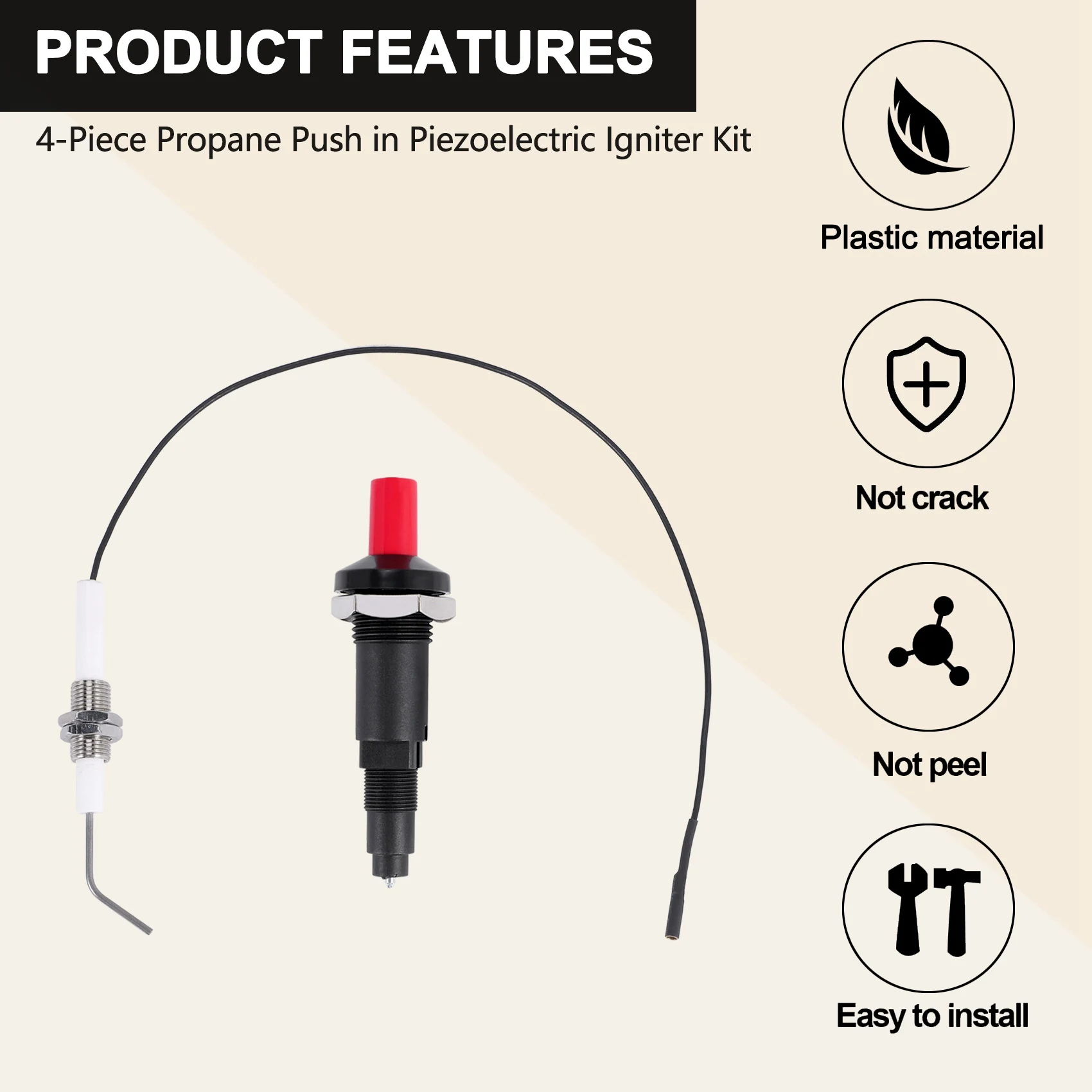 AT19-4 Pieces Propane Push-Type Piezo Igniter Kit With Threaded Electrode Ignition Plug Wire 30 Cm For Gas Grill