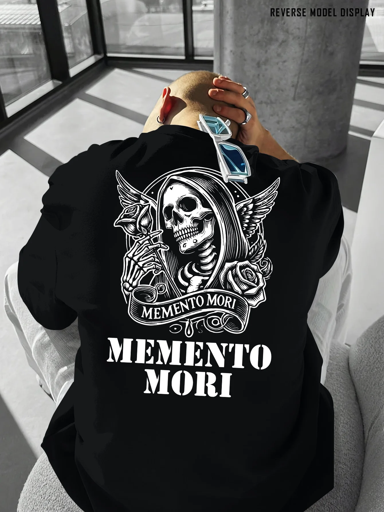 Edgy "Memento Mori" Graphic Tee with Winged Reaper Skeleton and Rose Print 100% Cotton Men's T-shirt Summer Urban Streetwear