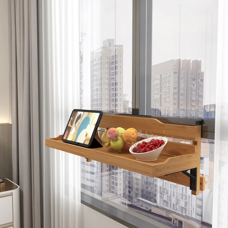 ‌Solid Wood Folding Bar Table - Hanging Window Sill Mounted Bistro Desk for Balcony Small Space Tea Counter with Adjustable Legs