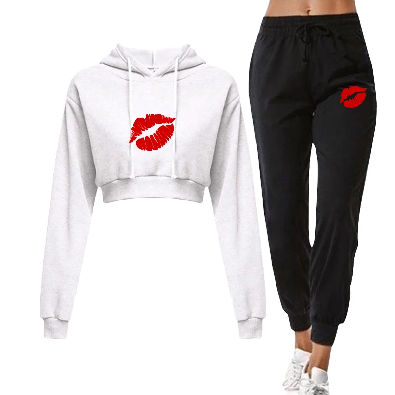 

Fashionable Sexy Fashion Hot Cropped Tops Red Lips American Skinny Sports Pants Suit Slim Fit Autumn Spice Girl Two-piece Set