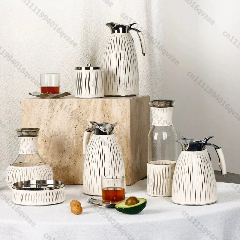 Off-white High-end Practical Desktop Tableware Leather-wrapped Food-grade Stainless Steel Kettle Thermal Insulation Pot Ornament
