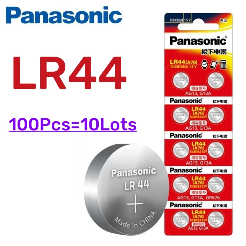 100Pcs Original Panasonic A76 LR44 AG13 357 SR1154 LR1154 SR44 LR 44 Alkaline Batteries For Calculator Toy Remote Button