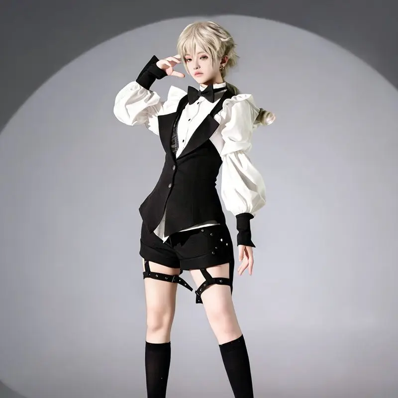 Spring 2000s Aesthetic Elegant Lolita 3 Piece Set Women chic Blouse+ Black Shorts+ Black Waistcoat Female Japanese Gothic Suit