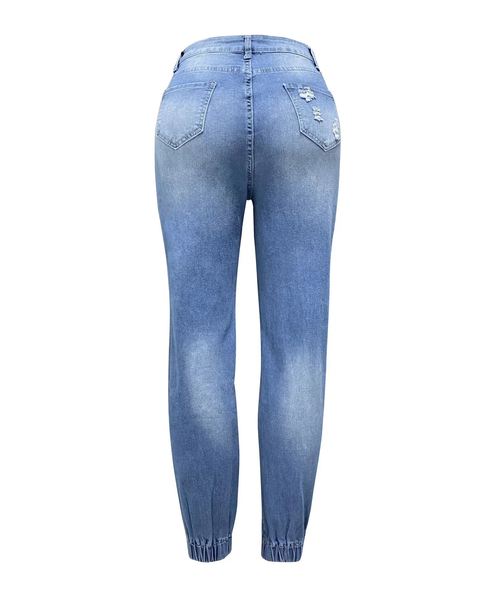 Letter Print Elastic Leg Pencil Jeans Women Ankle Length Ripped Holes Denim Pants Pockets Washing Slim Zipper Spring Flat Jeans