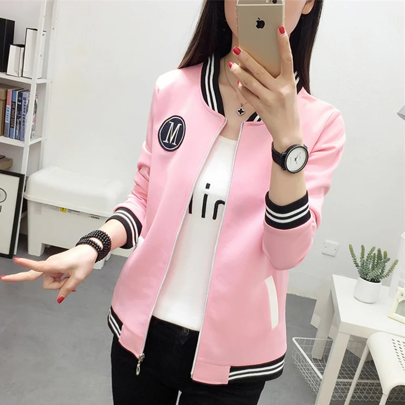 

Fashion Women Zipper Long Sleeve Jacket Coat Outwear Stylish Casual Tops baseball uniform female Autumn pink cropped jacket