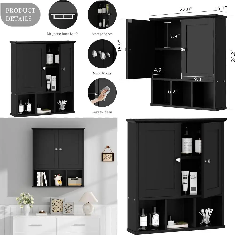 

Черный настенный шкаф над унитазом с регулируемыми полками и дверцей для компактного хранения