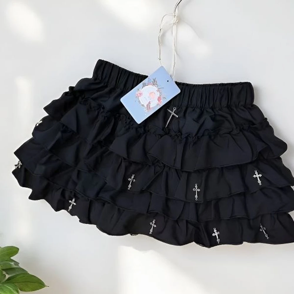 Damen Miniröcke mit Stufenvolants, Lolita-Stil, Eingebaute Shorts, Kawaii Sukapan Skort, Gothic Punk Coquette Y2K E-Girl Schwarzes Spitzenkleid – Detail 11