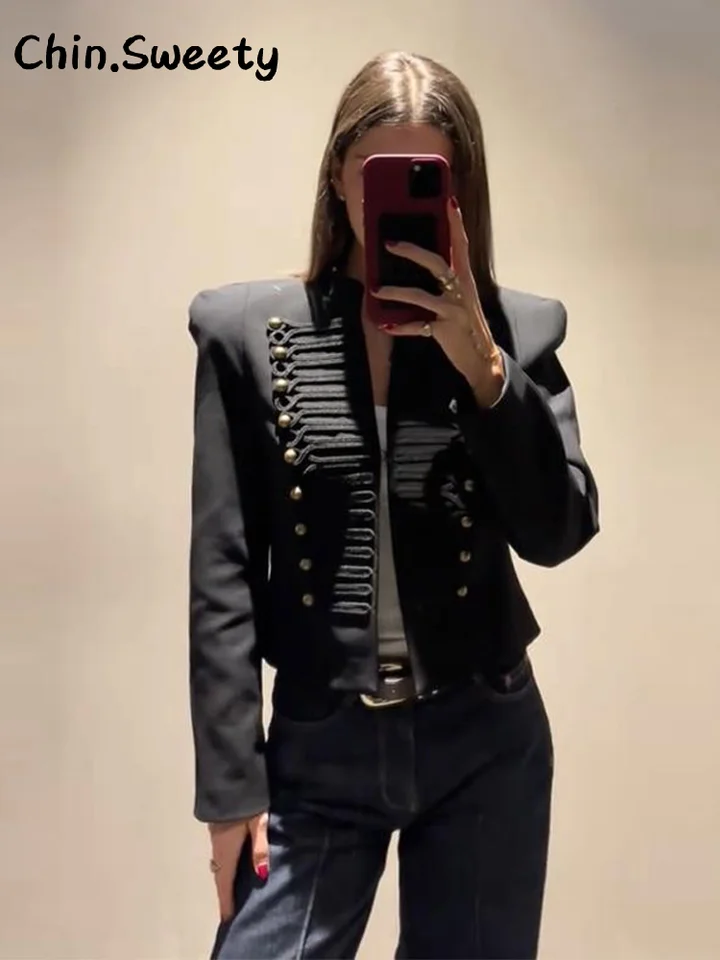 Elegant Women's Cropped Black Napoleon Jacket Shoulder Pads Stand