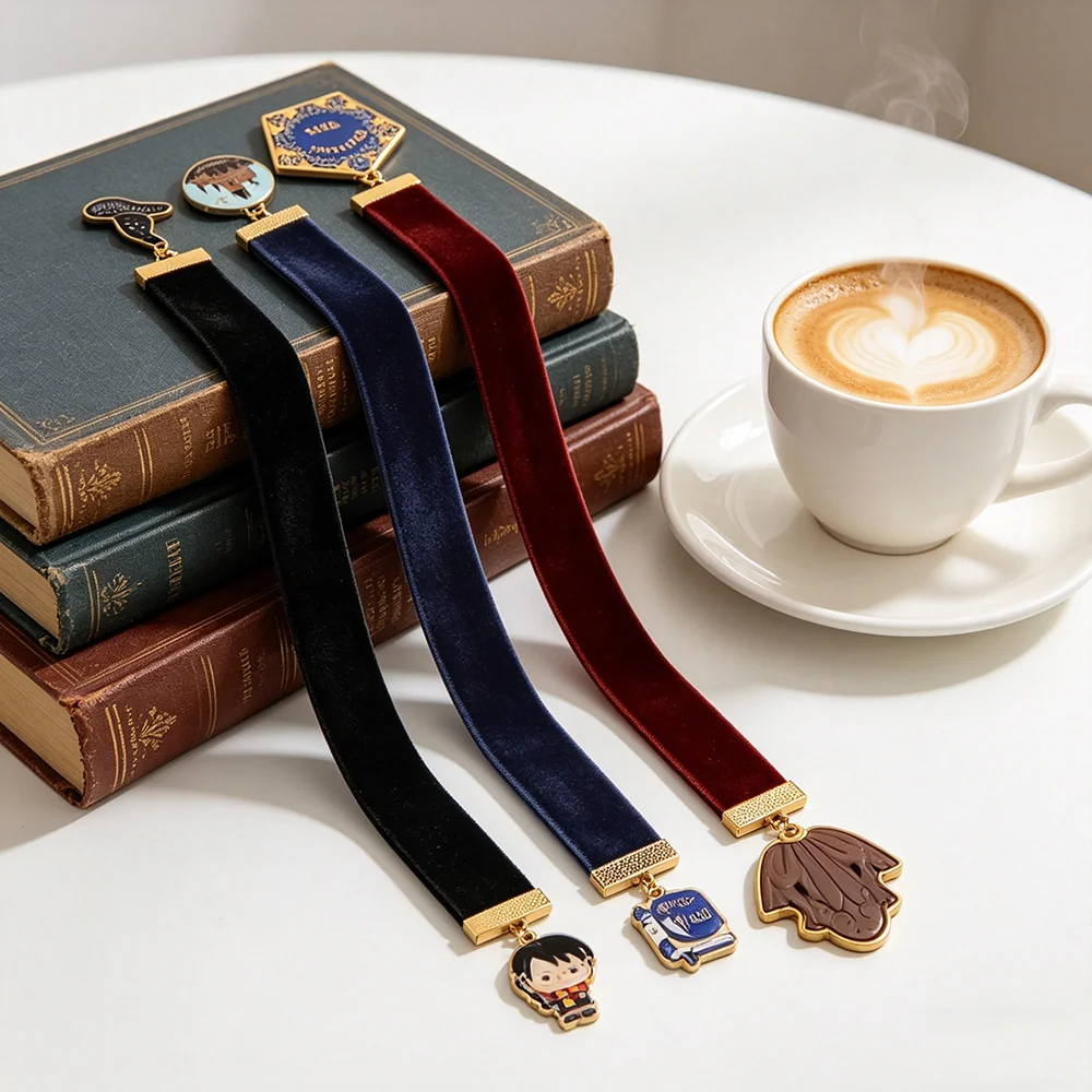Marcadores de Libros de Harry Potter para Lectores – Cinta de Terciopelo + Dijes de Esmalte (Rana, Sombrero, Hogwarts) – Regalo Literario para Fans
