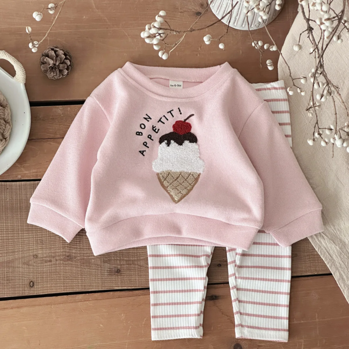 2Pcs Set New Baby Clothes Infantil Newborn Baby Outfits Clothes Ice Cream Patchwork Top+Stripe Trousers Set 0-3Y