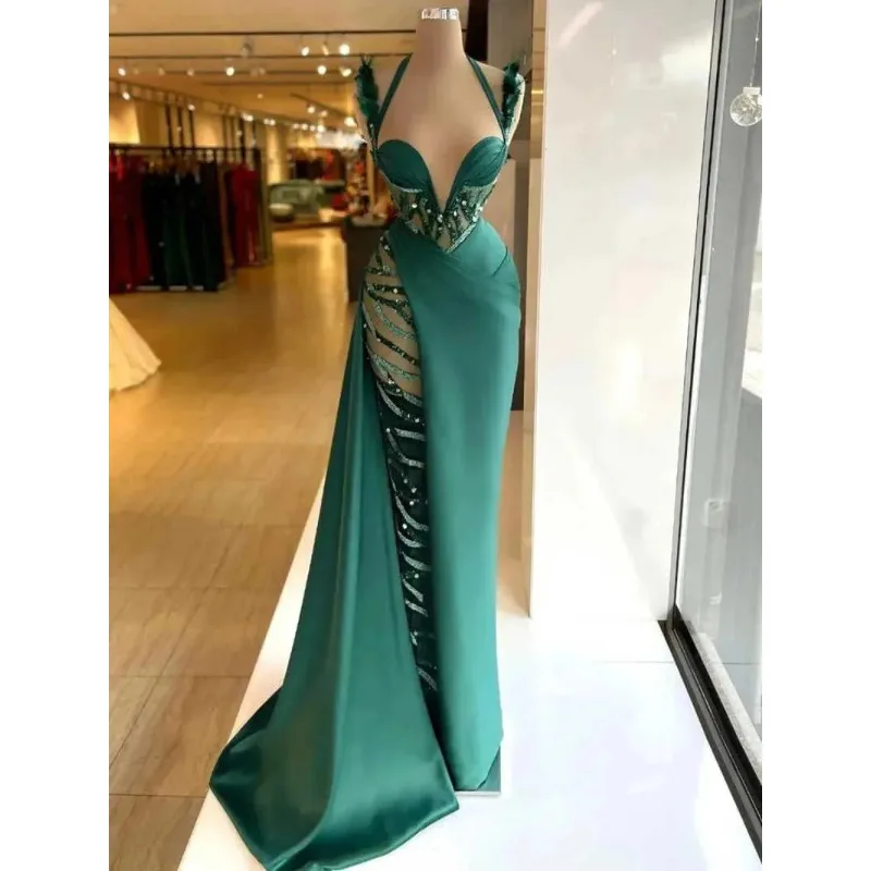 Luxe galajurken halternek mouwloos vloerlengte zeemeermin avondjurken kralen formele feestjurken op maat