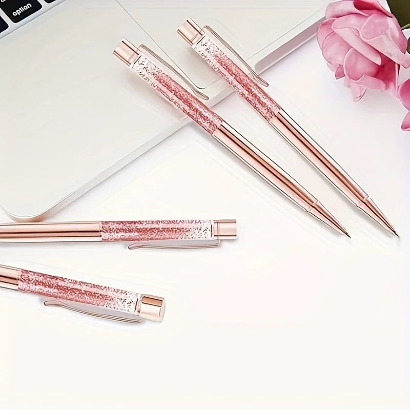 3 Rose Golden Ballpoint Pens, Metallic Shiny Dynamic Liquid Sand Pens, Beautiful Pens with Refills, Black Ink, Office Supplies