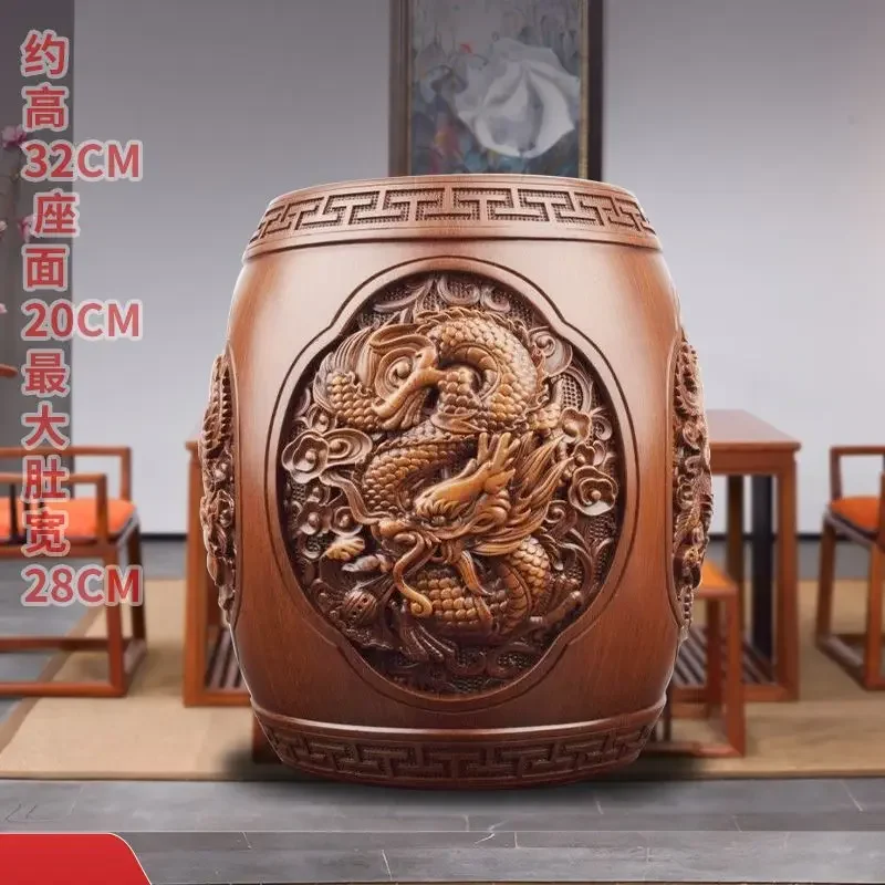 Chinese Style Dragon Phoenix Carved Drum Stool | Retro Ornamental Stool for Living Room/Shop | Tea Table Decoration Furniture