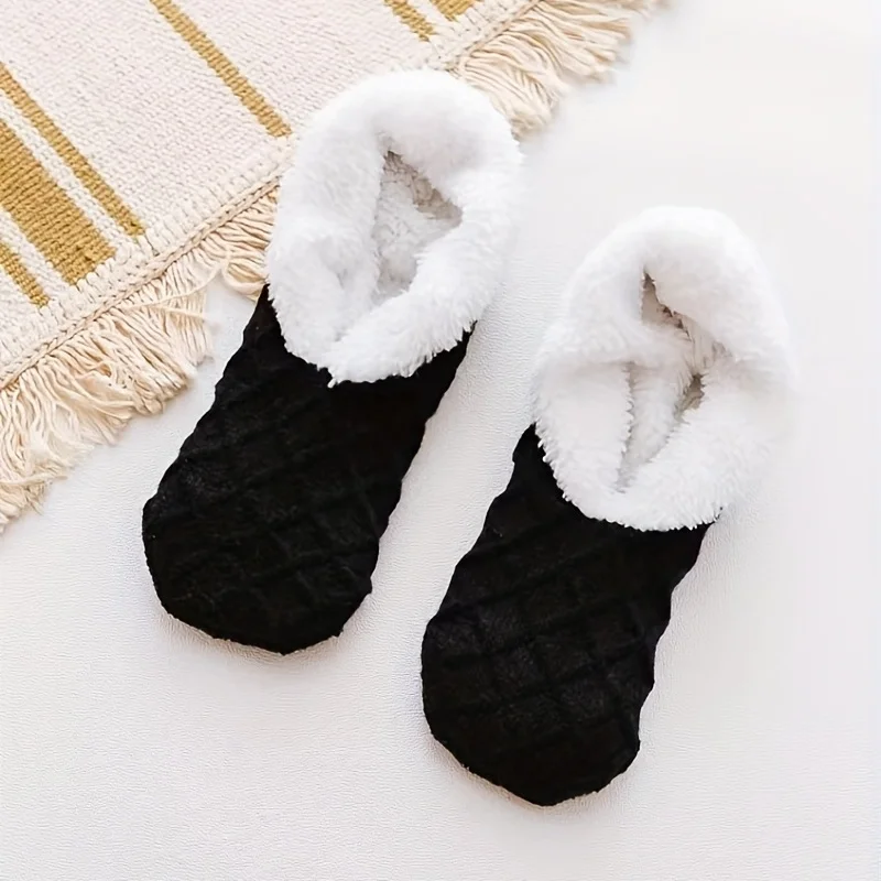 

1/2/3 pairs of women's warm solid color floor socks, anti-slip plush coral fleece socks, invisible socks