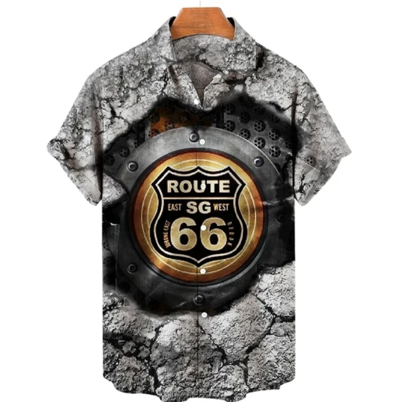 Hawaiian Shirts For Men American Route 66 Printed T-Shirts Summer Loose Vintage Lapel Button Shirt Oversized Men's Clothing Tops