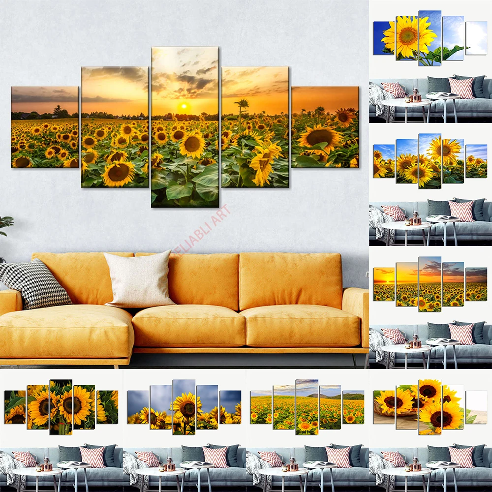 5 Panel Sunflower Canvas Painting Flower Field Natural Landscape Pictures Posters and Prints for Living Room Decoration No Frame