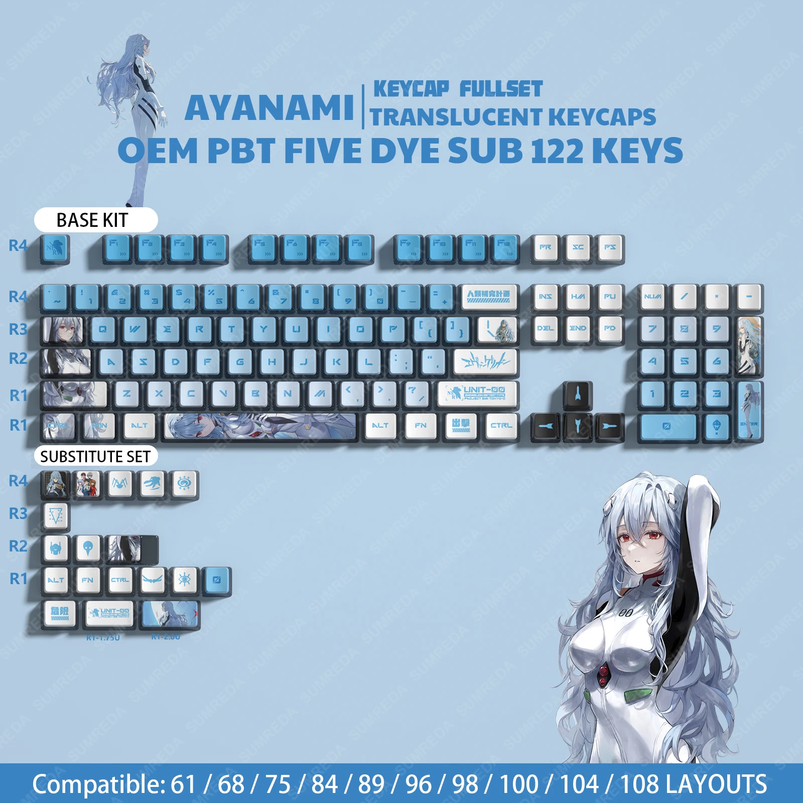 EVA AYANAMI Cartoon Anime Keycap PBT DYE SUB Pudding Keycaps OEM Profile Backlit Translucent Keycap For Rainy75 Sugar65 Hi75 Hi8