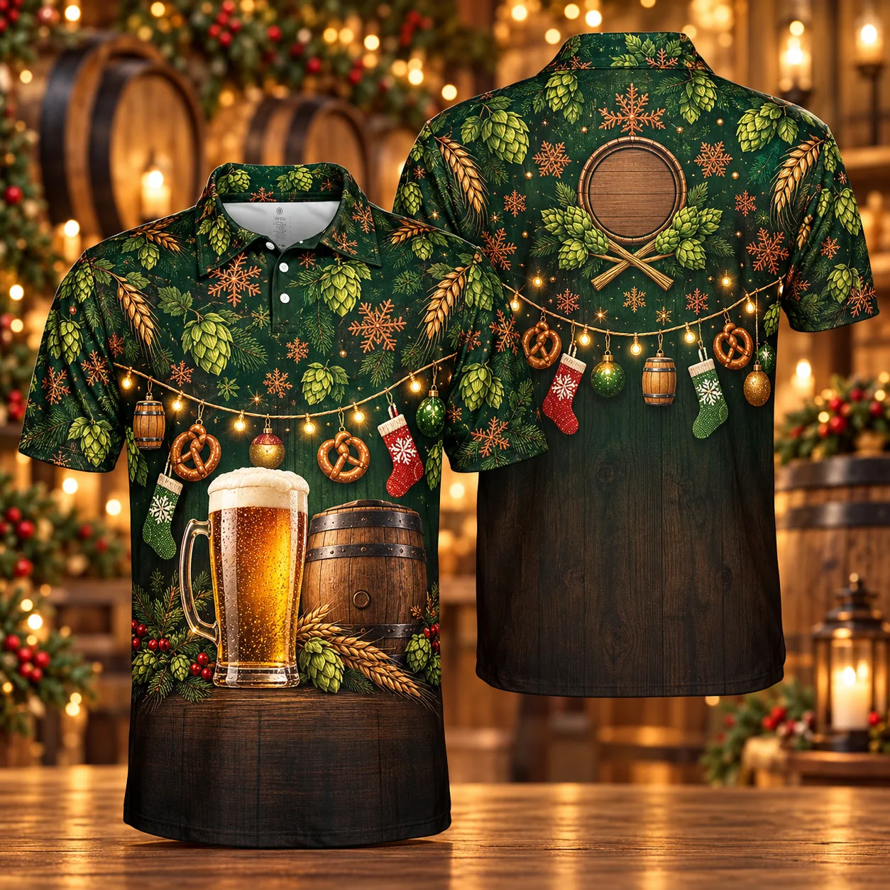 Men's Christmas Polo Shirt Beer Brewery Barrel 3D All Over Print Short Sleeve Funny Holiday Golf Top