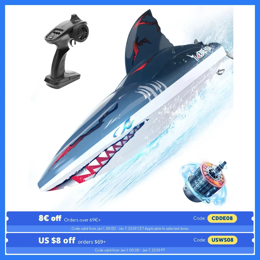 

DEERC RC Shark Boat DE 2104 SHARK 48+ km/h, 3S Speed, Self-Rising, 2.4 GHz, LED Lights, Summer Gift.