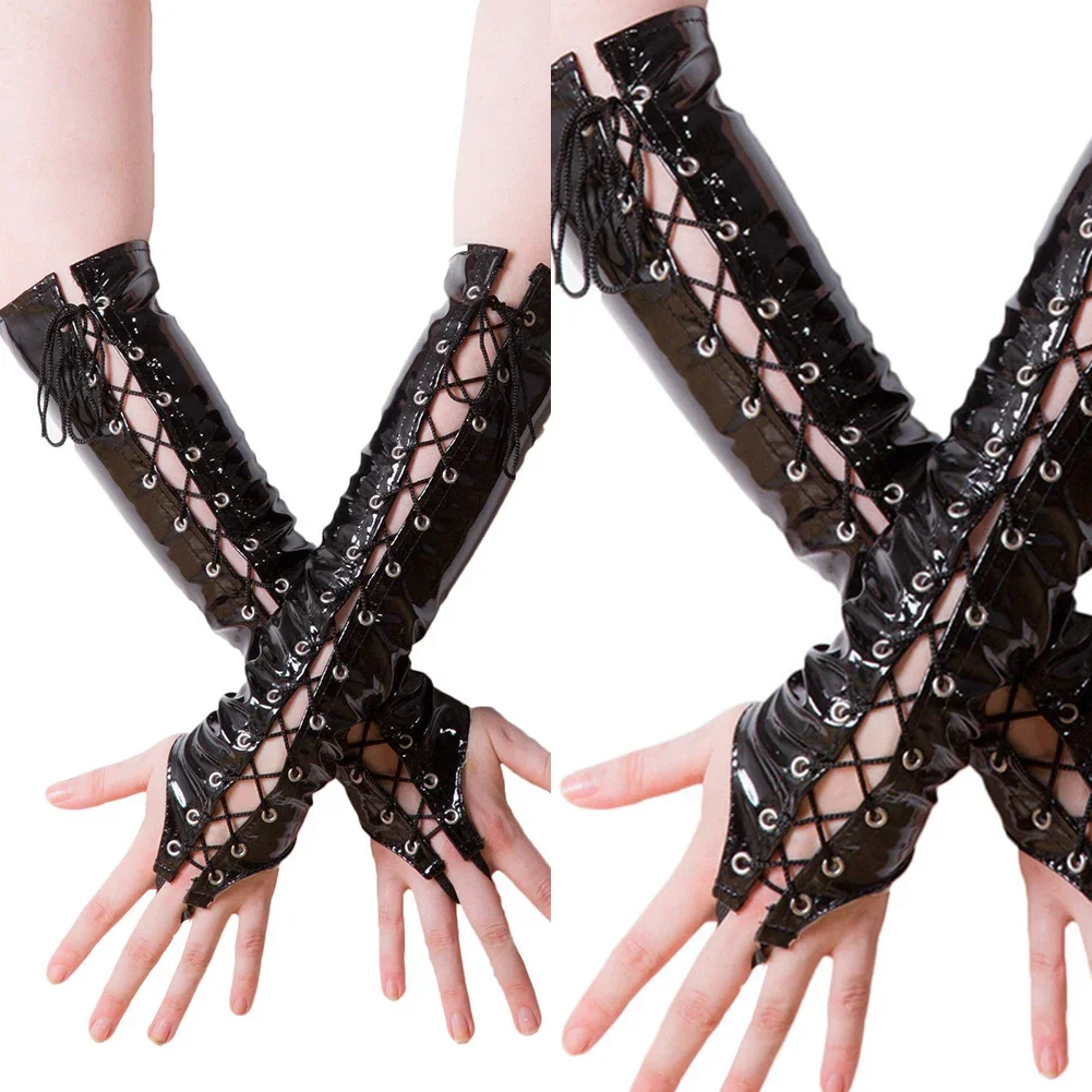 Sexy Frauen PVC PU Leder Handschuhe Schnürung Aushöhlen Lange Punk Handschuh Cosplay