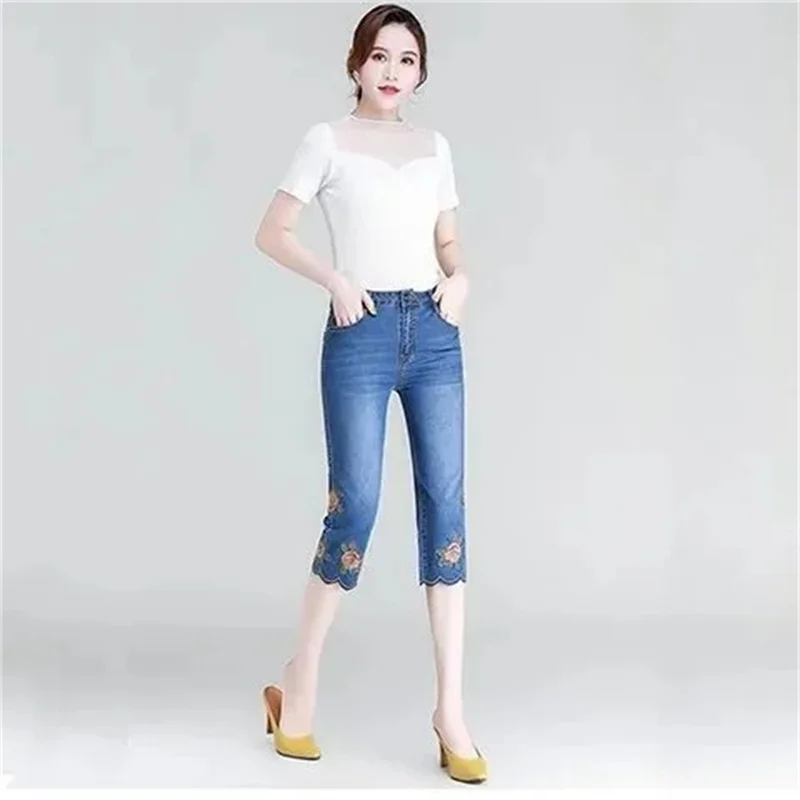 Moda Bordado Alta Trecho Verão Jeans 2023 Denim Calf-Comprimento Pant Mulheres Novas Soltas Harem Pants Meninas Calças Casuais Breeche