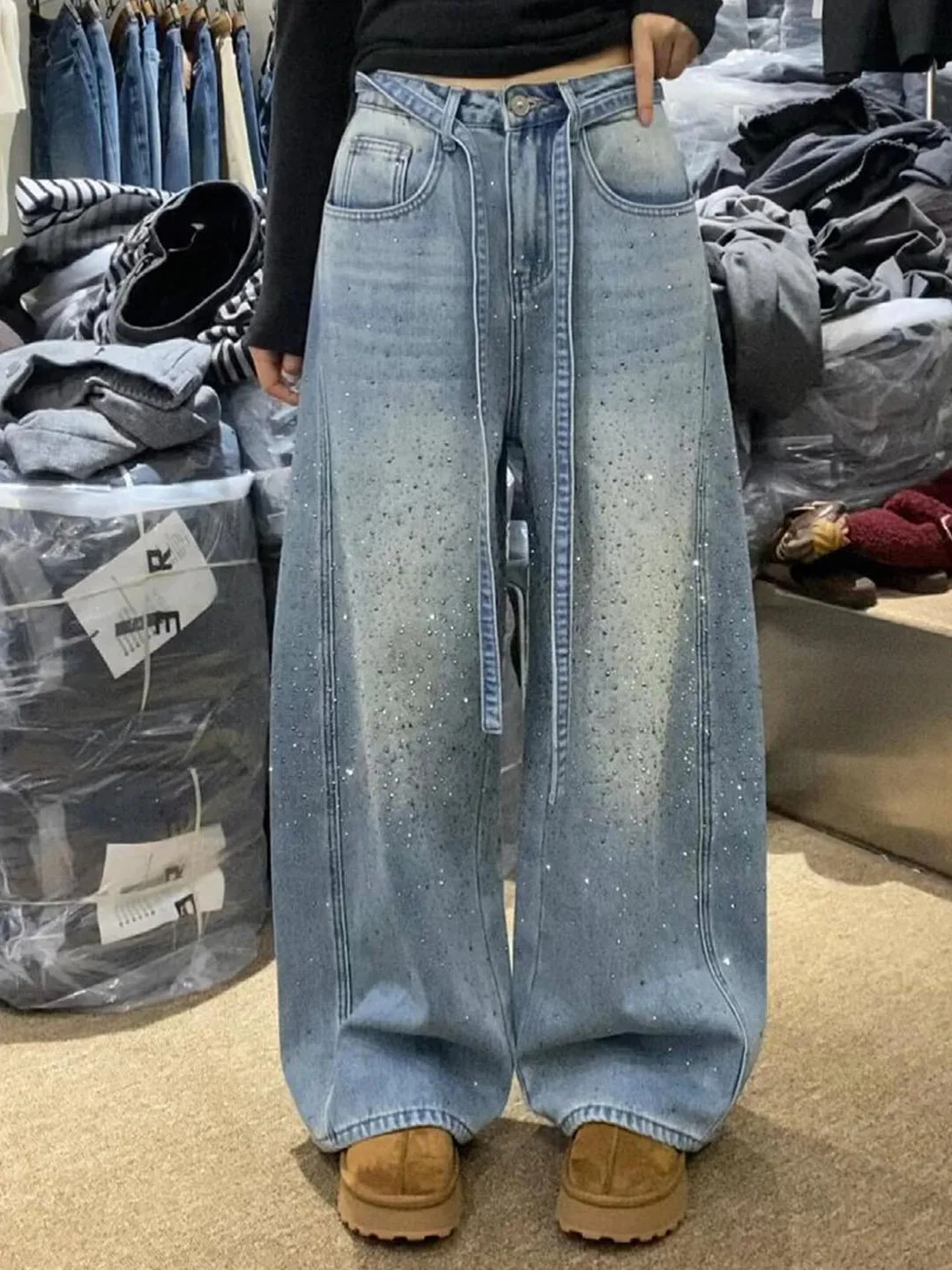 

plus Size Women's American Retro Diamond Embellished Loose Wide Leg Jeans Spring Drawstring Design Casual Wear Resistant