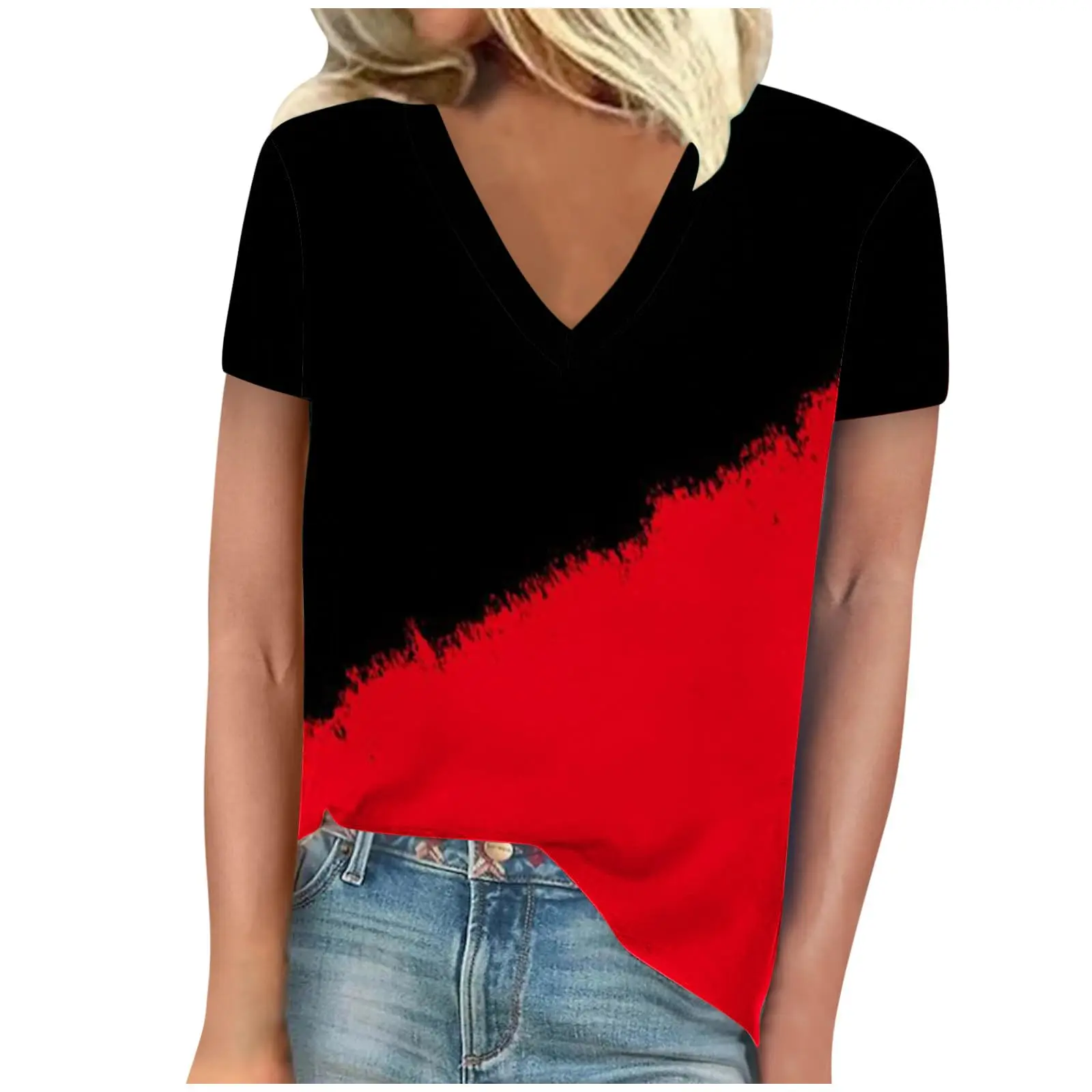 T-shirt women's summer casual elegant v-neck short sleeve simple gradient pattern top loose casual wear ladies T-shirt