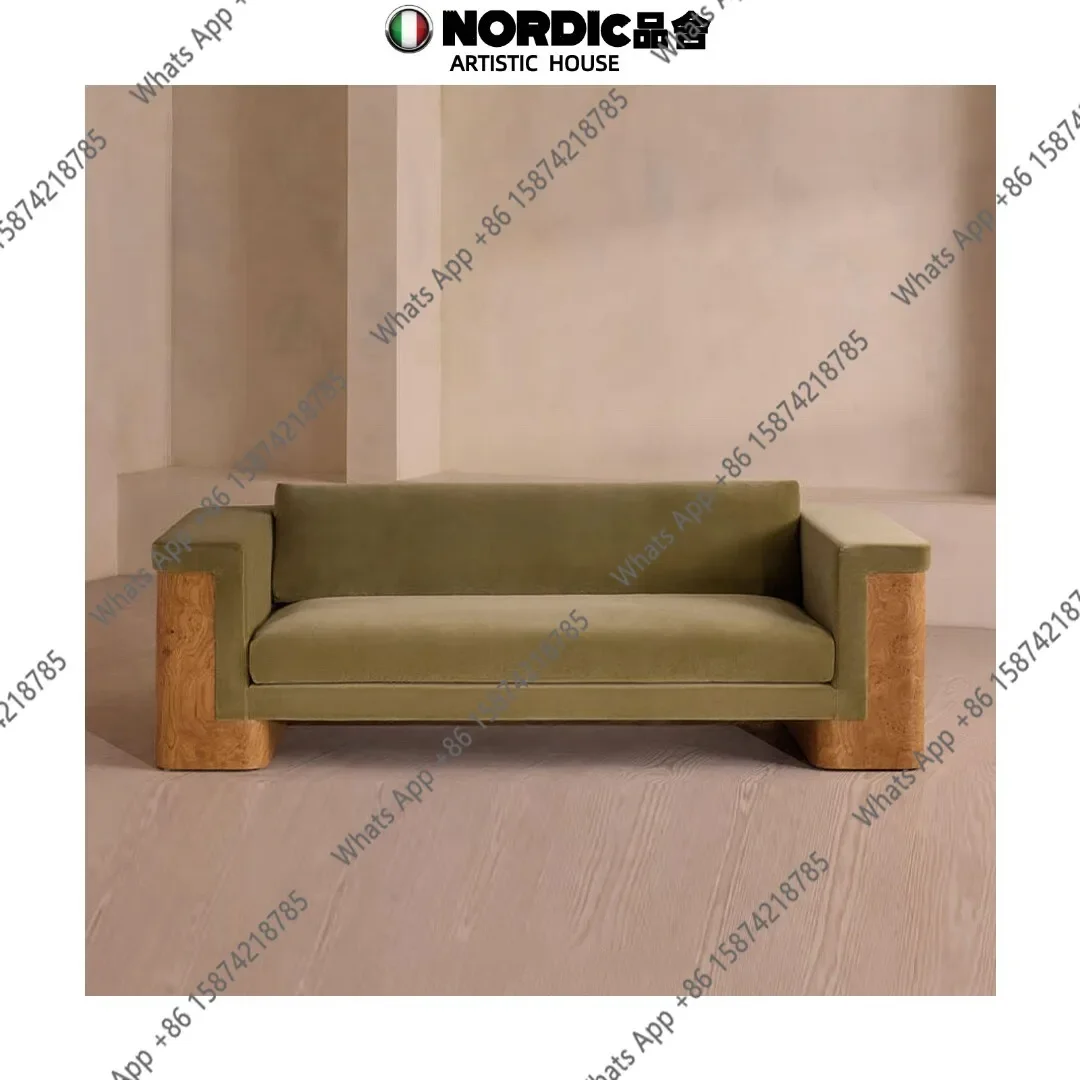 V T Medieval Style Designer Solid Wood Tree Rut Straight Row Sofa Wabi Sandy Wind Fabric Sofa American Country