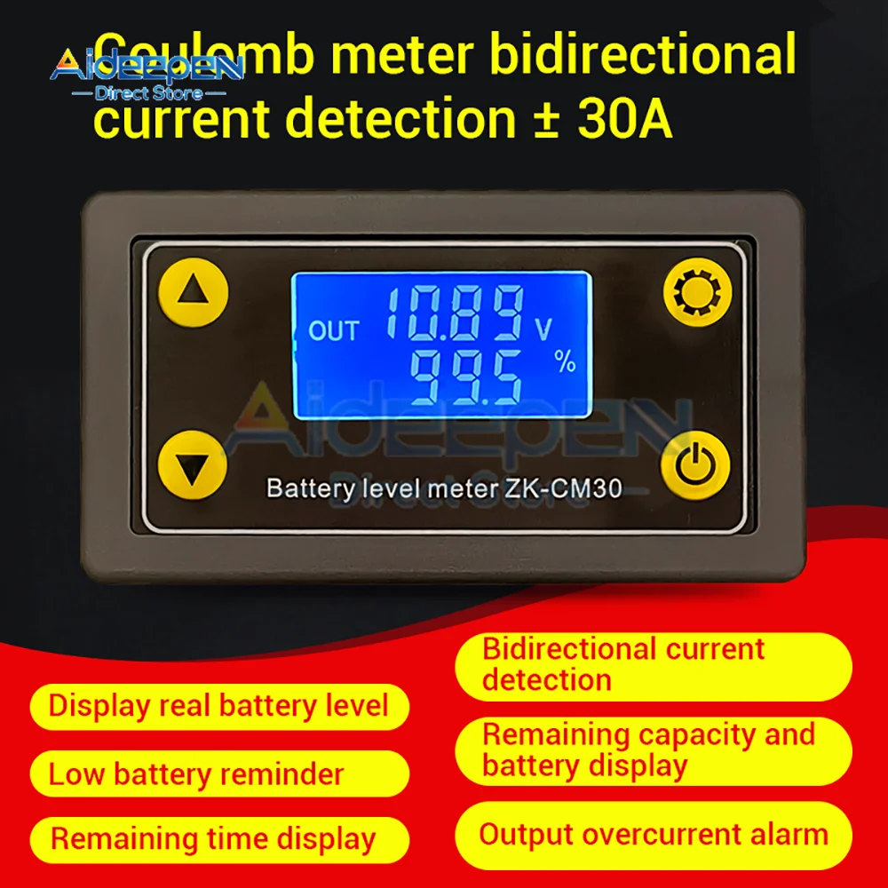 ZK-CM30 DC LCD Digital Ammeter Voltmeter 6-60V 30A Electric Volt Amp Meter Power Kwh Battery Indicator For Electric Vehicle