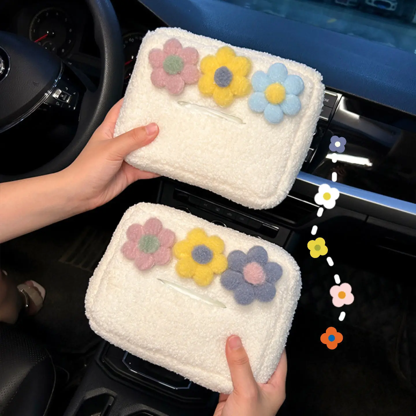 Cute Cartoon Plush Color Flowers Car Headrest Tissue Box Paper Tower Holder Auto Visor Hanging Organizer Styling Car Accessories