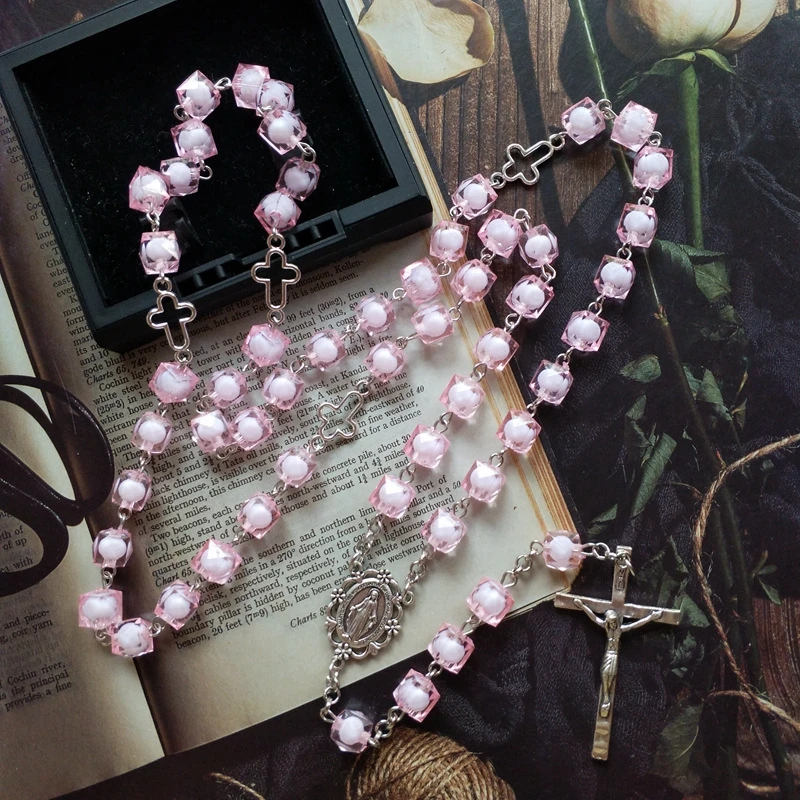 QIGO Pink Square Rosary Hollow Cross Pendant Long Beaded Chain Necklaces For Men Women