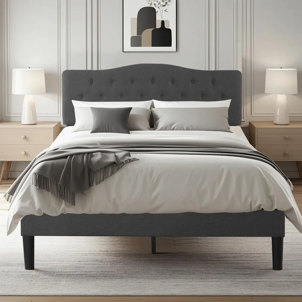 

Queen Size Bed Frames with Fabric Upholstered Headboard and Wooden Slats Support, No Box Spring Needed, Bed Frames