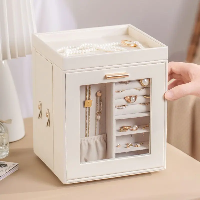 Rotatable Jewelry Storage Box Leather Jewelry Organizer Boxes Large Capacity Necklace Storage Drawer Luxury Earring Display Case