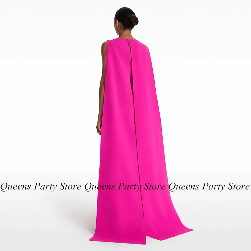 Fuchsia Mermaid Evening Dress Boat Neck Sleeveless Beading Sweep Train Saudi Arab Formal Party Gown with Cape Custom Color