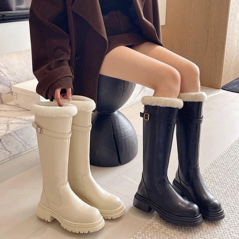 

Comemore High-heeled Knee High Boots for Women Fashion Leather Back Zipper Buckle Strap Solid Women Shoes Thick Heel Long Botas