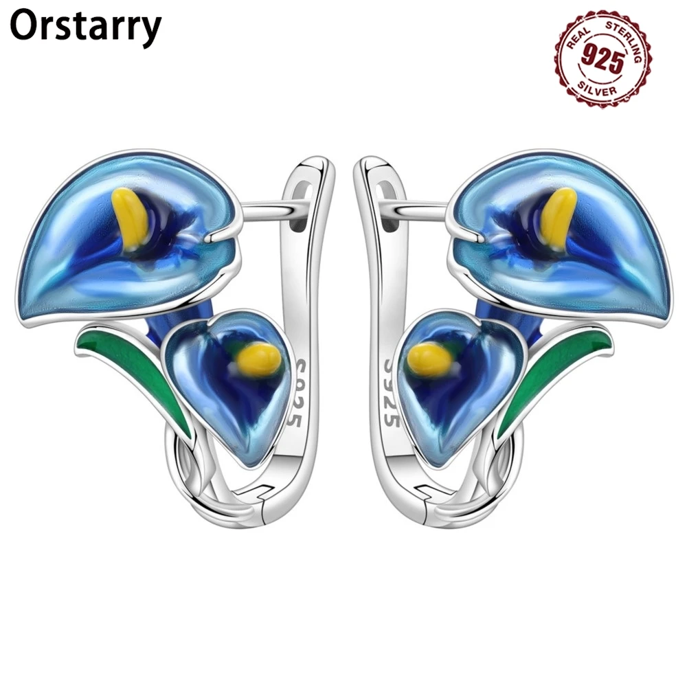 

Orstarry оригинальные серьги-кольца из стерлингового серебра 925 пробы с синей подковой и лотосом, женские серьги-гвоздики, серьги-кольца, юбилейные украшения, модный подарок